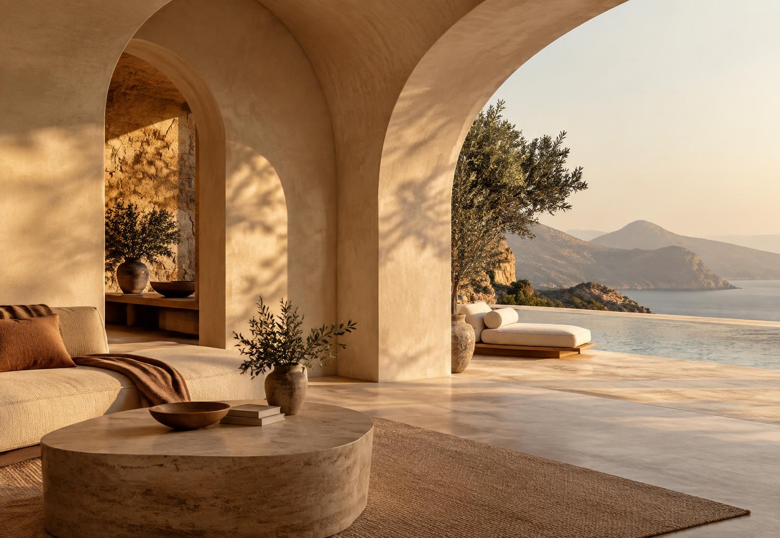 Sunlit curved plaster arches opening onto a calm sea vista at golden hour